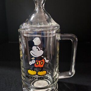 Vintage Walt Disney World Mickey Mouse Glass Clear Candy Jar With Lid